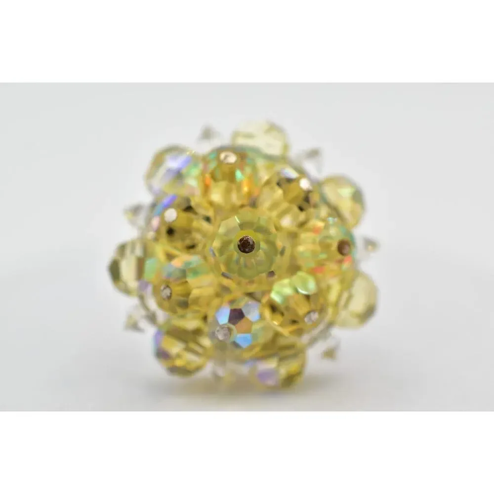 Laguna Vintage Clip On Crystal Earrings Yellow AB Cluster Signed Glam 1950s A24